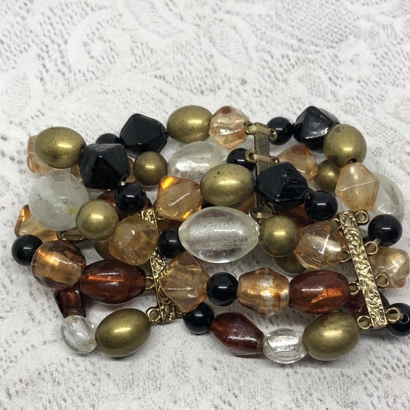 Bundle lot 2 glass bead and brass stretch bracelets boho festival - Picture 3 of 7